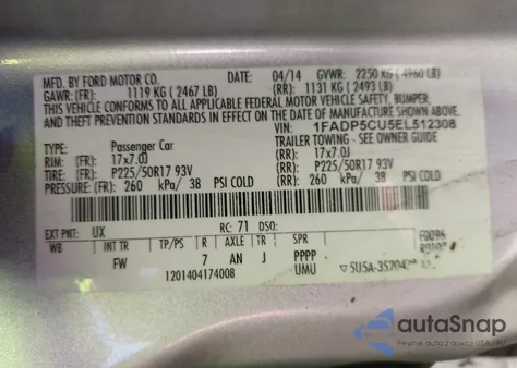 2014 Ford C-Max Energi Sel из США, поврежденный, VIN 1FADP5CU5EL512308